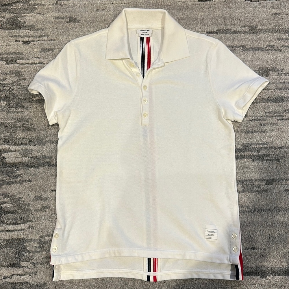 Thom Browne Men’s white pique center back stripe polo size 0